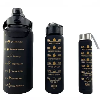 Motivacijska športna steklenica 3v1, 2000 ml   900 ml   300 ml, črna