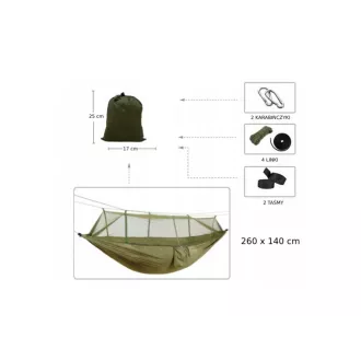 Viseča mreža za kampiranje 260x140 cm, za eno osebo, nosilnost do 190 kg, zelena