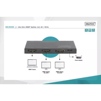 Digitus Ultra tanek razdelilnik HDMI, 1x2, 4K/60Hz HDR, HDCP 2.2, 18 Gb/s, napajanje Micro USB