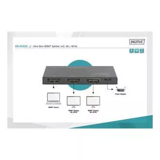 Digitus Ultra tanek razdelilnik HDMI, 1x2, 4K/60Hz HDR, HDCP 2.2, 18 Gb/s, napajanje Micro USB