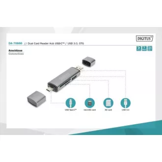 Digitus dvojni OTG bralnik kartic (USB-C   USB 3.0) 1x SD, 1x MicroSD, 1x USB 3.0, siva