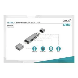 Digitus dvojni OTG bralnik kartic (USB-C   USB 3.0) 1x SD, 1x MicroSD, 1x USB 3.0, siva