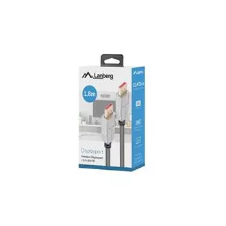 LANBERG DisplayPort 1.4 M/M priključni kabel, 8K@60Hz, 5K@120Hz, dolžina 1,8 m, črn, z zaskočnico, pozlačeni priključki