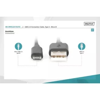 Digitus USB 2.0 kabel USB A moški do USB micro B moški, 2x zaščiten, bakren, 1m
