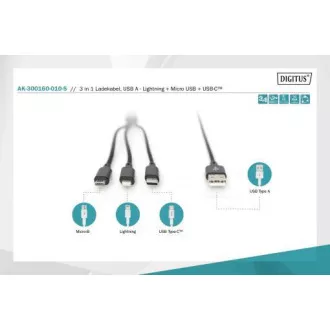 Polnilni kabel USB, 3 v 1 , USB A - Lightning mikro B Type-C 1m, kabel, bombaž, CE, bl