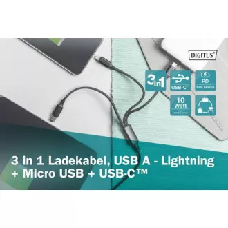 Polnilni kabel USB, 3 v 1 , USB A - Lightning mikro B Type-C 1m, kabel, bombaž, CE, bl