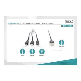 Polnilni kabel USB, 3 v 1 , USB A - Lightning mikro B Type-C 1m, kabel, bombaž, CE, bl