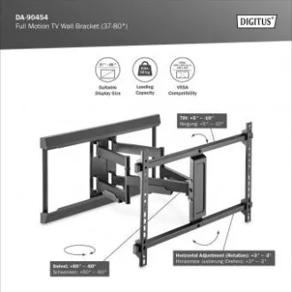 DIGITUS Popolnoma premični stenski nosilec za TV 37-80", največja obremenitev 60 kg, VESA: 200x100, 200x200, 300x200, 400x200, 300x300, 400x300
