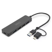 Digitus USB 3.0 vozlišče s 4 priključki, Slim Line, 0,2 m kabla
