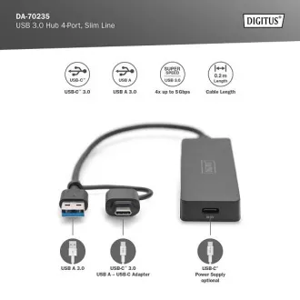Digitus USB 3.0 vozlišče s 4 priključki, Slim Line, 0,2 m kabla