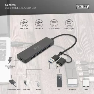 Digitus USB 3.0 vozlišče s 4 priključki, Slim Line, 0,2 m kabla