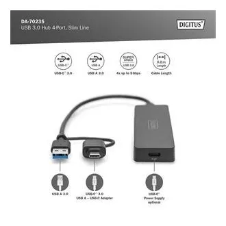 Digitus USB 3.0 vozlišče s 4 priključki, Slim Line, 0,2 m kabla