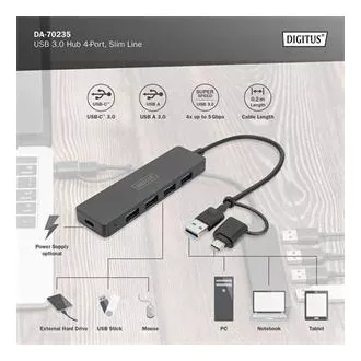 Digitus USB 3.0 vozlišče s 4 priključki, Slim Line, 0,2 m kabla