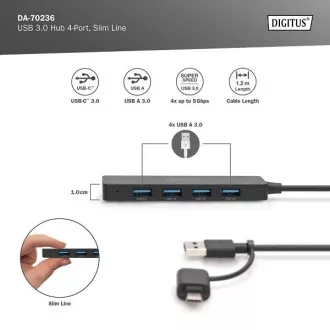 Digitus USB 3.0 vozlišče s 4 priključki, Slim Line, 1,2 m kabla