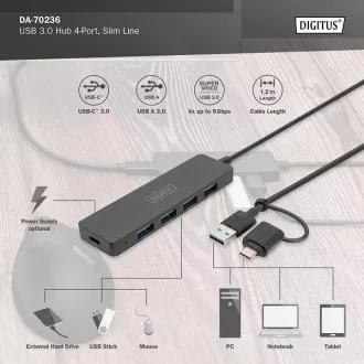 Digitus USB 3.0 vozlišče s 4 priključki, Slim Line, 1,2 m kabla