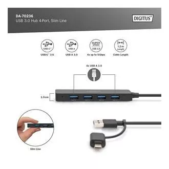 Digitus USB 3.0 vozlišče s 4 priključki, Slim Line, 1,2 m kabla