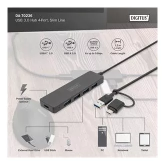 Digitus USB 3.0 vozlišče s 4 priključki, Slim Line, 1,2 m kabla