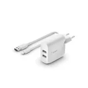 Belkin BOOST CHARGE™ Dvojni 24W stenski polnilnik USB-A   1m kabel lightning, bel