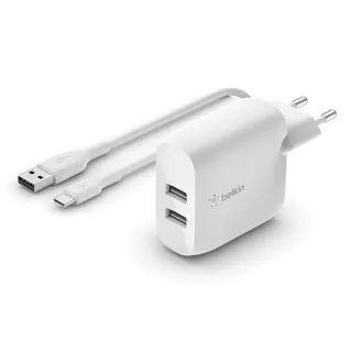 Belkin BOOST CHARGE™ Dvojni 24W stenski polnilnik USB-A   1m kabel USB-C, bela