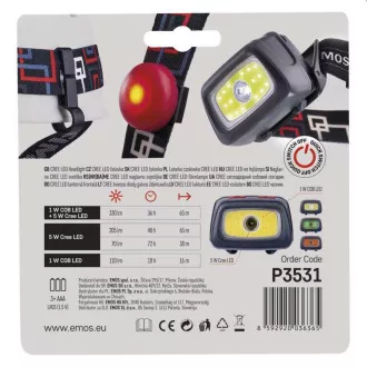 Emos LED čelna svetilka P3531, 330 lm, 65m, 1x CREE 1x COB rdeča zadnja LED, 3x AAA CR2032 Emos LED čelna svetilka P3531, 330 lm, 65m, 1x CREE 1x COB rdeča zadnja LED, 3x AAA CR2032