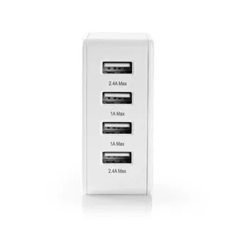 Nedis WCHAU481AWT- omrežni polnilnik | 24 W | funkcija hitrega polnjenja | 4x 2,4 A | 4 izhodi | 4x USB-A | Bela