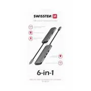 SWISSTEN USB-C HUB 6-V-1 (USB-C PD, 3x USB 3.0, SD, MICRO SD) ALUMINIJ