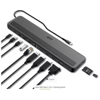 Acer 13in1 Type C Minidock: 3x USB3.0 (prenos podatkov 5 Gb/s), 1x USB-C (prenos podatkov 5 Gb/s), 1x USB-C Power Delivery (do 100 W)