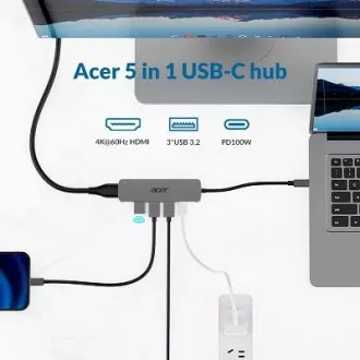 Acer 5IN1 Mini Dock statioType- C, 1x HDMI (do 3840x2160@60hz), 3x USB 3.0 5Gbps, 1x Type-C do 100W PD port (gostitelj)