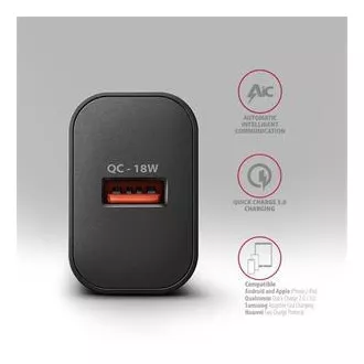 AXAGON ACU-QC18, 18W omrežni polnilnik, 1x USB-A, QC3.0/AFC/Apple, črn