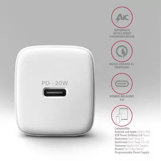 AXAGON ACU-PD20W, 20W omrežni polnilnik, 1x vrata USB-C, PD3.0/PPS/QC4 /AFC/Apple, bel