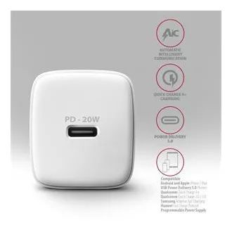 AXAGON ACU-PD20W, 20W omrežni polnilnik, 1x vrata USB-C, PD3.0/PPS/QC4 /AFC/Apple, bel