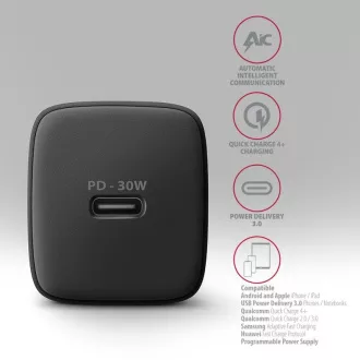 AXAGON ACU-PD30, polnilec 30 W, 1x vrata USB-C, PD3.0/PPS/QC4 /SFC/AFC/Apple, črn