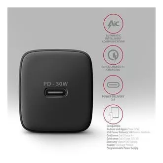 AXAGON ACU-PD30, polnilec 30 W, 1x vrata USB-C, PD3.0/PPS/QC4 /SFC/AFC/Apple, črn
