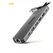 AXAGON HMC-7HX2, vozlišče USB 5Gb/s, 2x USB-A, USB-C, 2x HDMI 4k/60Hz, RJ-45 GLAN, PD 100W, kabel USB-C 15cm