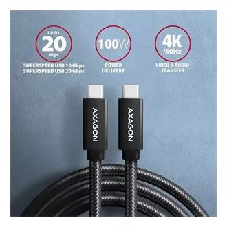 AXAGON BUCM32-CM05AB, SPEED  kabel USB-C <-> USB-C, 0,5 m, USB 20Gb/s, PD 100W 5A, 4K HD, ALU, oplet, črn