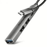 AXAGON HUE-STC, 4-vtični USB ALU STRIP hub, 1x USB-A 5 Gbps, 2x USB-A in 1x USB-C 480 Mbps, kabel USB-C 12 cm
