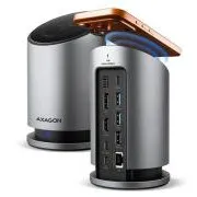 AXAGON HMC-WL9, USB 10 Gbps razdelilnik s podporo za Qi, 3x USB-A, USB-C, HDMI in DP 4k/60 Hz, RJ-45 GLAN, PD 100 W, kabel USB-C 60 cm