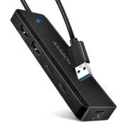 AXAGON HUE-C2A, potovalni hub s 4× USB 5 Gbps, 2× USB-A   2× USB-C, napajanje prek USB-C, kabel USB-A 19 cm