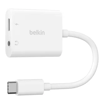 Belkin USB-C adapter/rokav 1x USB-C M/ 1x USB-C F moč 60 W   1x 3,5 mm priključek, bela