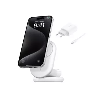 Belkin BOOST CHARGE™ Qi2 15W 2v1 magnetno stojalo za polnjenje, zložljivo, belo