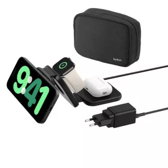 Belkin BOOST CHARGE™ PRO Qi2 3v1 Brezžična zložljiva potovalna podloga za iPhone/Apple Watch/AirPods, črna