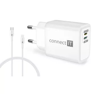 CONNECT IT DUPLEX polnilni adapter 1xLightning   1×USB-C, 20W, kabel 27W, BELI