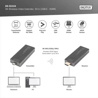 DIGITUS DS-55324 Brezžični video podaljšek 4K, 30 m (USB-C - HDMI) DIGITUS DS-55324 Brezžični video podaljšek 4K, 30 m (USB-C - HDMI)