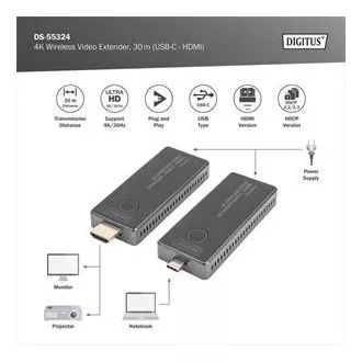 DIGITUS DS-55324 Brezžični video podaljšek 4K, 30 m (USB-C - HDMI) DIGITUS DS-55324 Brezžični video podaljšek 4K, 30 m (USB-C - HDMI)