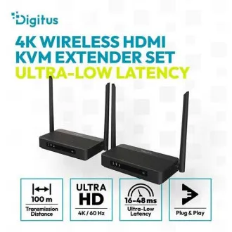 Komplet brezžičnega HDMI KVM podaljševalnika DIGITUS 4K/60 Hz, 100 m, črn Komplet brezžičnega HDMI KVM podaljševalnika DIGITUS 4K/60 Hz, 100 m, črn