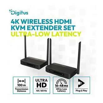 Komplet brezžičnega HDMI KVM podaljševalnika DIGITUS 4K/60 Hz, 100 m, črn Komplet brezžičnega HDMI KVM podaljševalnika DIGITUS 4K/60 Hz, 100 m, črn