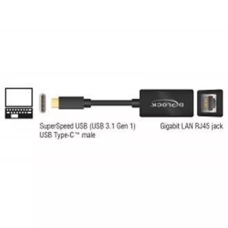 Delock Adapter Superhitri USB (USB 3.1 Gen 1) z moškim USB Type-C™ > Gigabitni LAN 10/100/1000 Mb/s kompakten črn