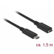 Delock SuperSpeed USB podaljšek (USB 3.1 Gen 1) USB Type-C™ moška in ženska vrata 3 A 1,5 m črna