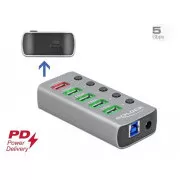 Delock USB 3.2 Gen 1 vozlišče s 4 priključki   1 priključek za hitro polnjenje   1 priključek USB-C™ PD 3.0 s stikalom in lučko