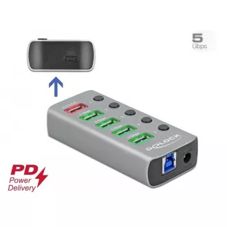 Delock USB 3.2 Gen 1 vozlišče s 4 priključki   1 priključek za hitro polnjenje   1 priključek USB-C™ PD 3.0 s stikalom in lučko